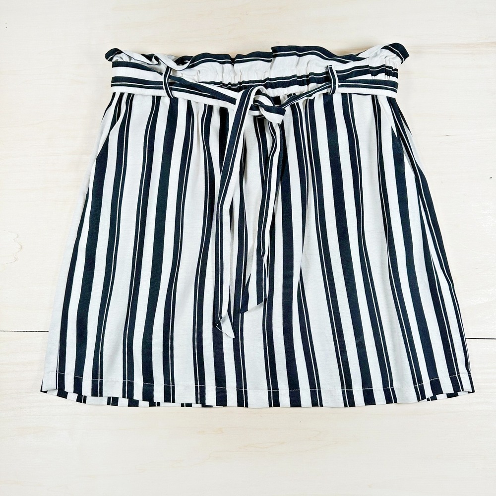 Topshop Black Off White Stripes Elastic  Front tie Paperbag Mini Skirt  10‎